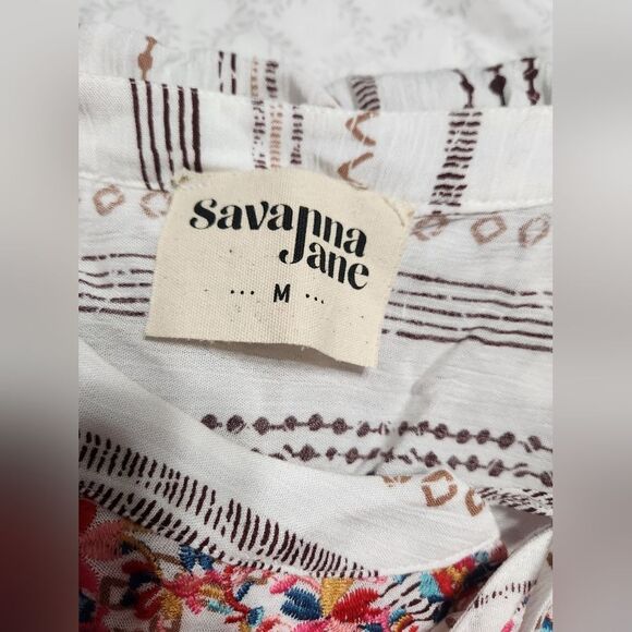 Savanna Jane Floral Embroidered Top Boho Womens  Tasseled Cap Sleeve White sz M - Picture 2 of 10